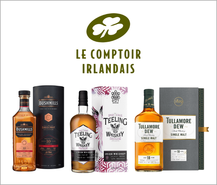 bouteilles et logo du Comptoir Irlandais